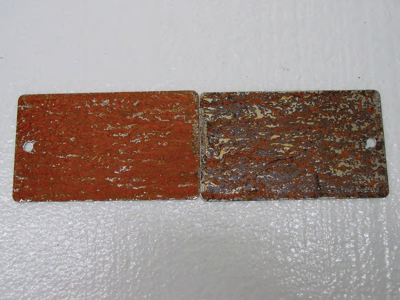Panel after 6 hours of salt exposure: left untreated, right after a 4-hour soak. WD-40 Company technical centre test.